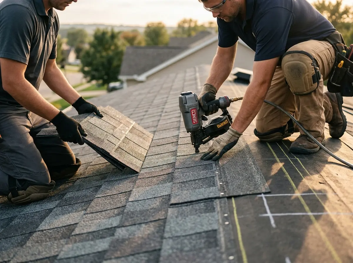 Professional roofer working on a residential roof in Antwerp